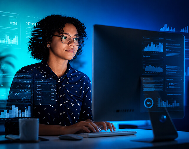 A woman looks at computer while typing in a dark office. 